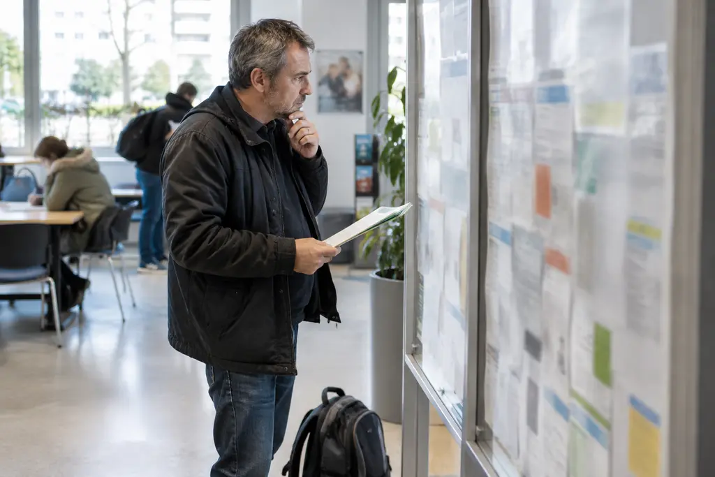 Un homme consulte un panneau flou dans une agence municipale pour l’emploi.