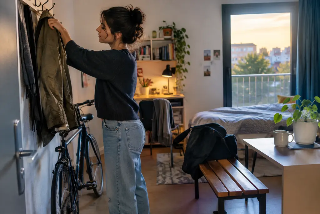 Une étudiante pose son sac de cours dans une chambre lumineuse de résidence.