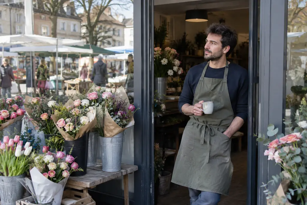 Un fleuriste prépare des bouquets dans sa boutique au petit matin.