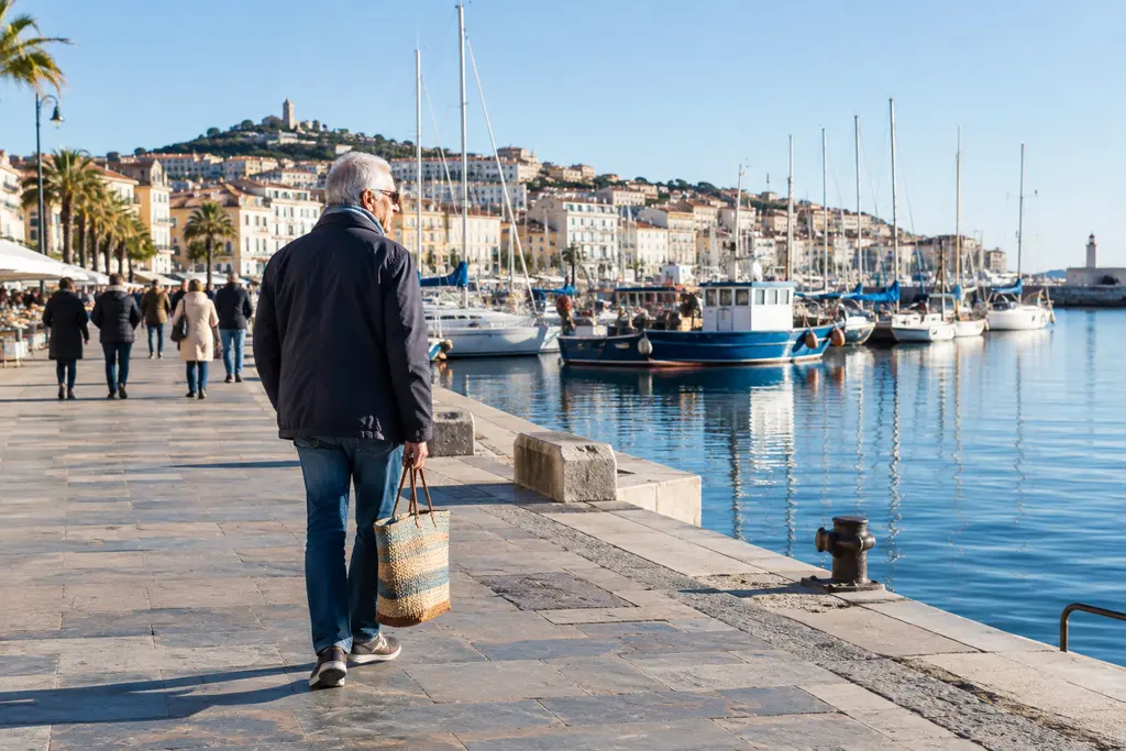 Un retraité marche le long du port de Sète avec un cabas léger.