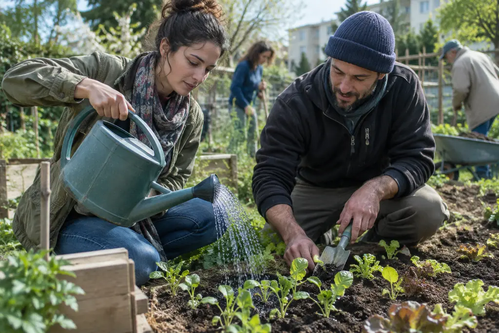 Une femme et un bénévole arrosent des semis dans un jardin partagé.