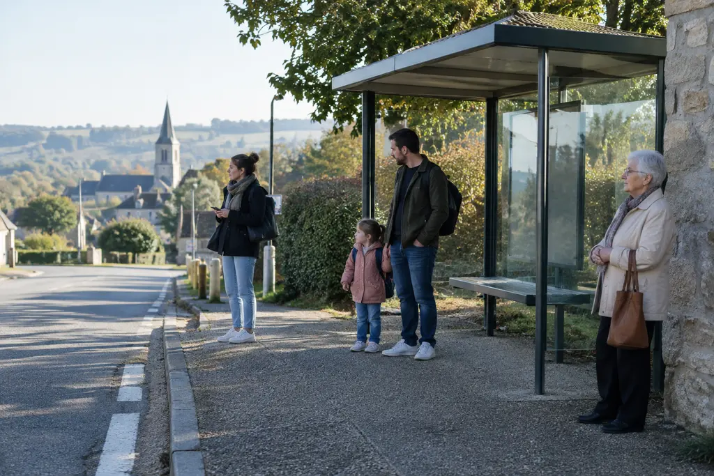 Des voyageurs d’âges variés attendent un bus à un arrêt de village.