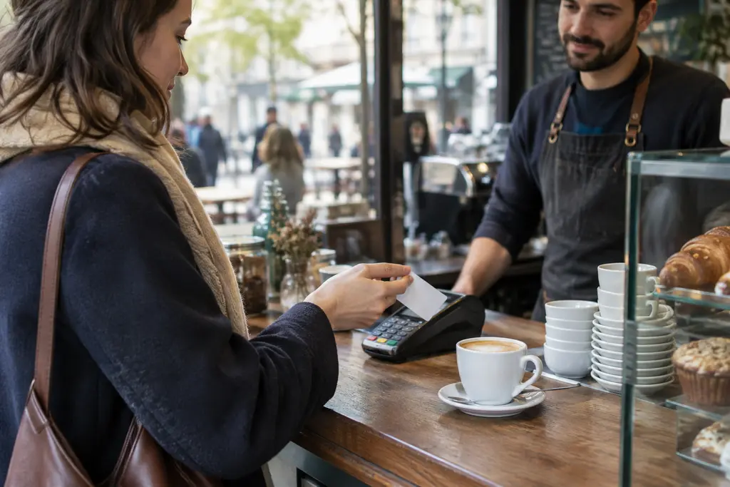 Une femme présente une carte neutre au comptoir d’un café indépendant.
