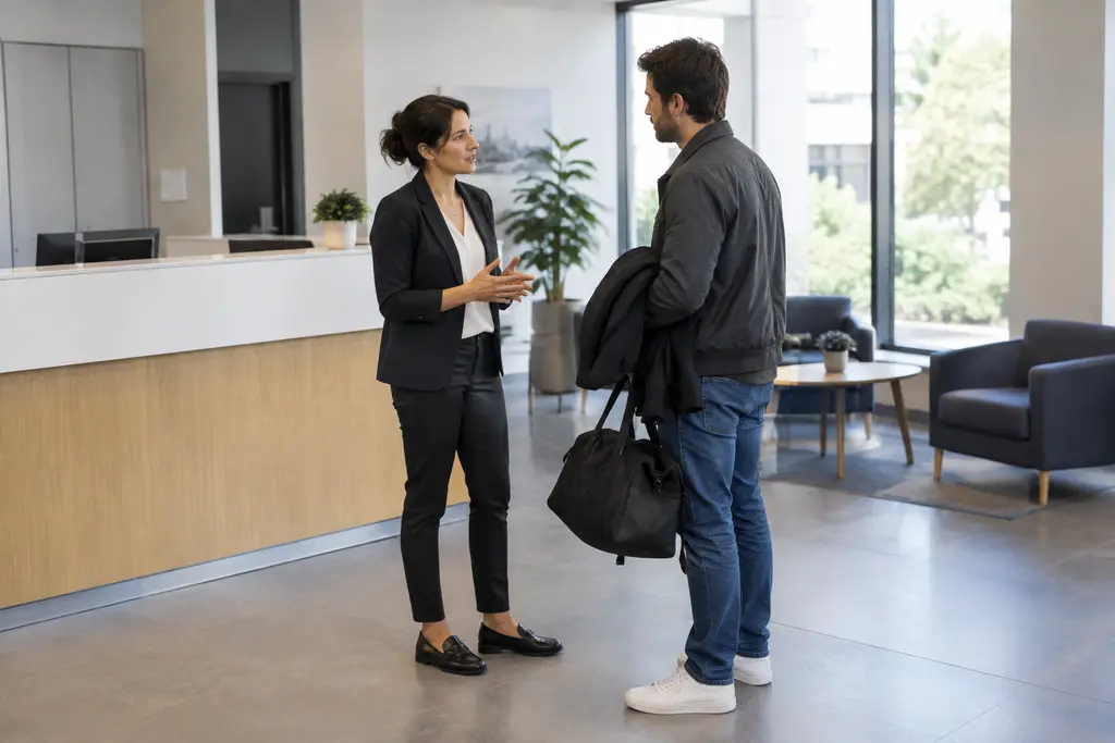 Une conseillère échange avec un visiteur dans un hall d’accueil neutre.