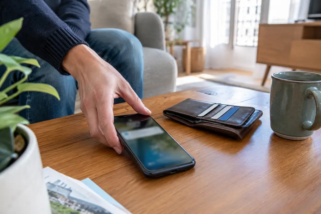 Un téléphone à écran flou repose près d’un portefeuille ouvert et d’une tasse.
