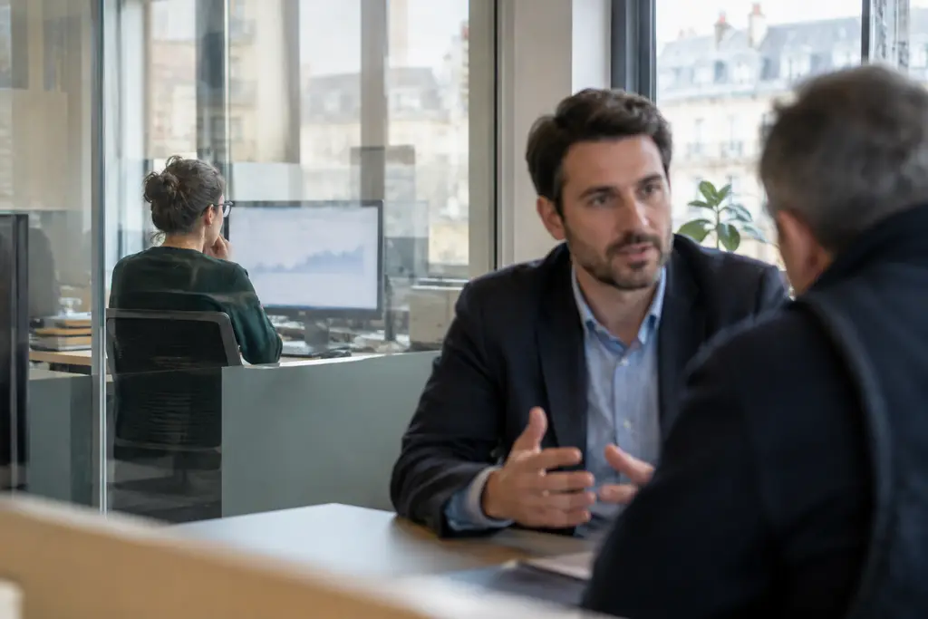 Une analyste regarde un écran flou derrière une cloison vitrée de bureau.