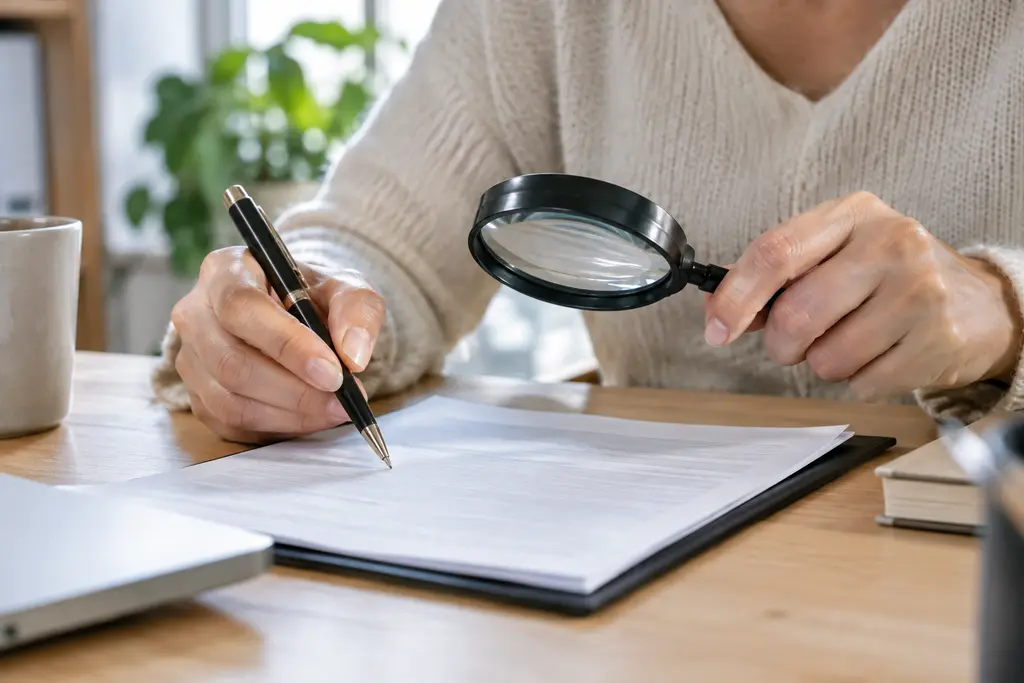 Un stylo reste suspendu au-dessus d’un contrat retourné, près d’une loupe.