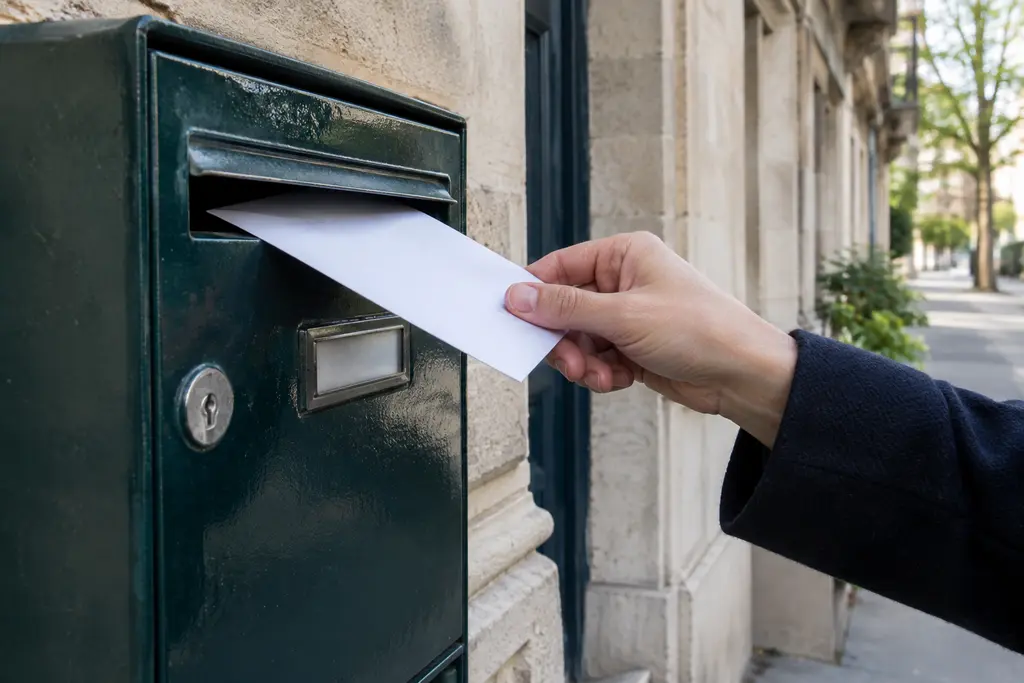 Une main s’apprête à déposer une enveloppe vierge dans une boîte aux lettres.