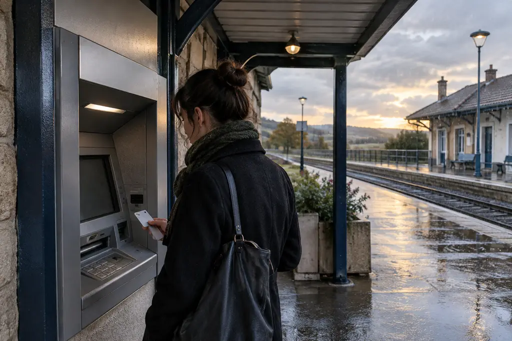 Une personne tient une carte neutre devant un distributeur anonyme près d’une gare.