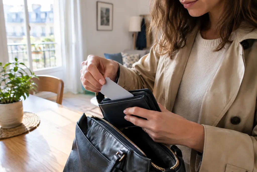 Une femme range une carte neutre dans son portefeuille avant de fermer son sac.